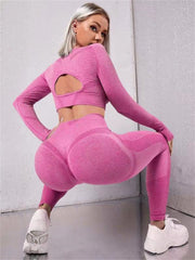 2-Piece Seamless Gym Set – Hollow Long Sleeve Top & Butt-Lifting High-Waist Leggings