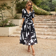 Elegant V-Neck Printed Chiffon Long Dress