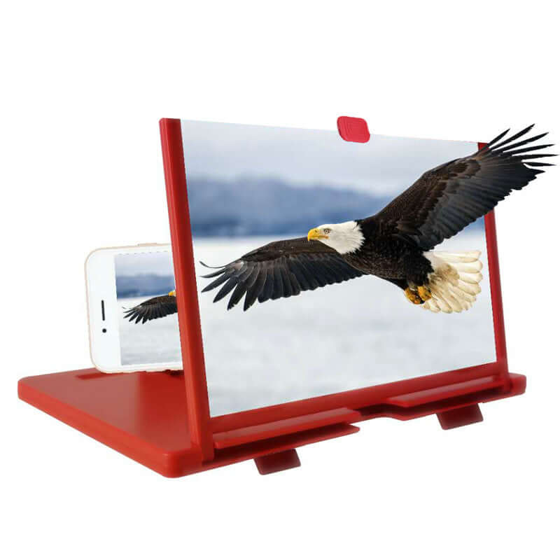 Mobile phone screen magnifier showcasing an eagle in flight with a red stand.