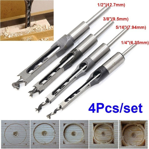 Square Auger Drill Bit Cut Mortising Chisel Woodworking Tool Set