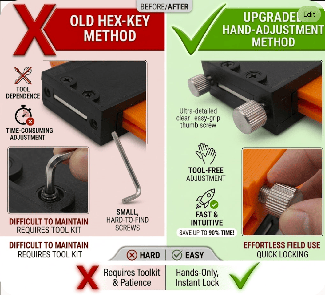Before and after comparison of contour gauge adjustment: old hex-key method vs new hand-adjustment