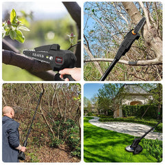 Cordless Electric Pole Saw - In Use Cutting Green Branches with Extended Rod