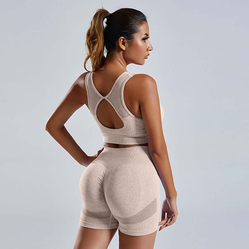 2pcs Womens Seamless Yoga & Workout Set in beige, showcasing a stylish and comfortable design for workouts.