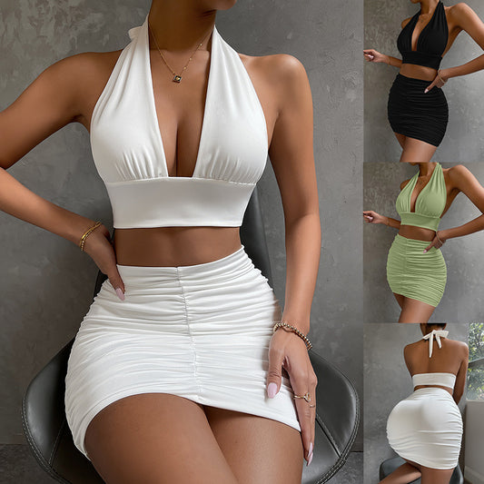 Halter Lace-Up Two-Piece Dress Set