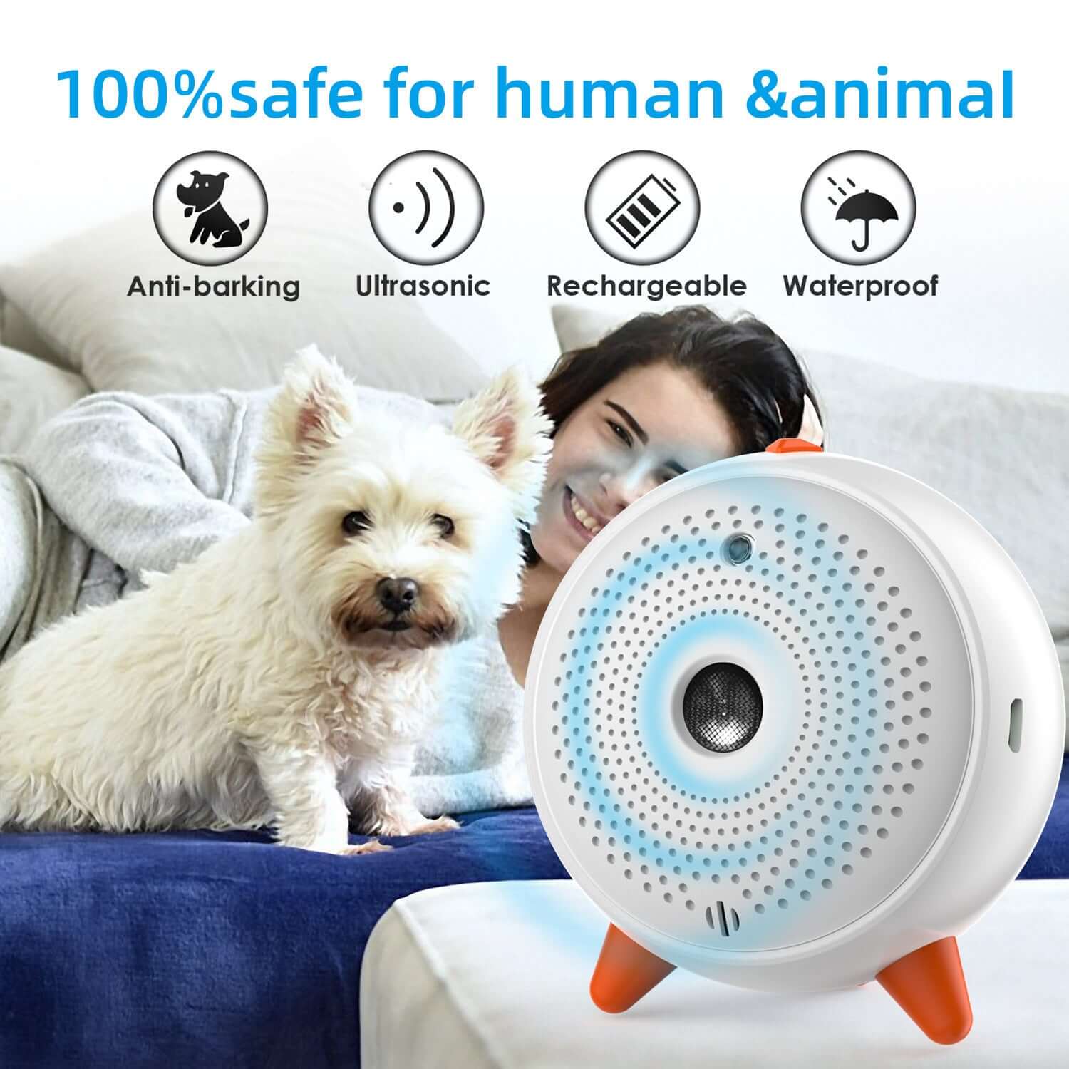 New Pet Supplies Ultrasonic Bark Stop device shown helping control barking safely.