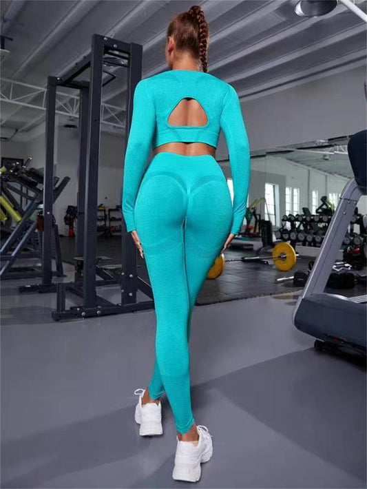 2-Piece Seamless Gym Set – Hollow Long Sleeve Top & Butt-Lifting High-Waist Leggings