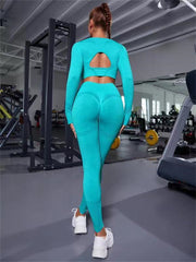2-Piece Seamless Gym Set – Hollow Long Sleeve Top & Butt-Lifting High-Waist Leggings