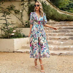 Elegant V-Neck Printed Chiffon Long Dress
