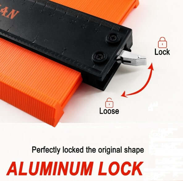 Khorasan 10 Inch Contour Gauge with Lock - Aluminum Lock Side View Orange