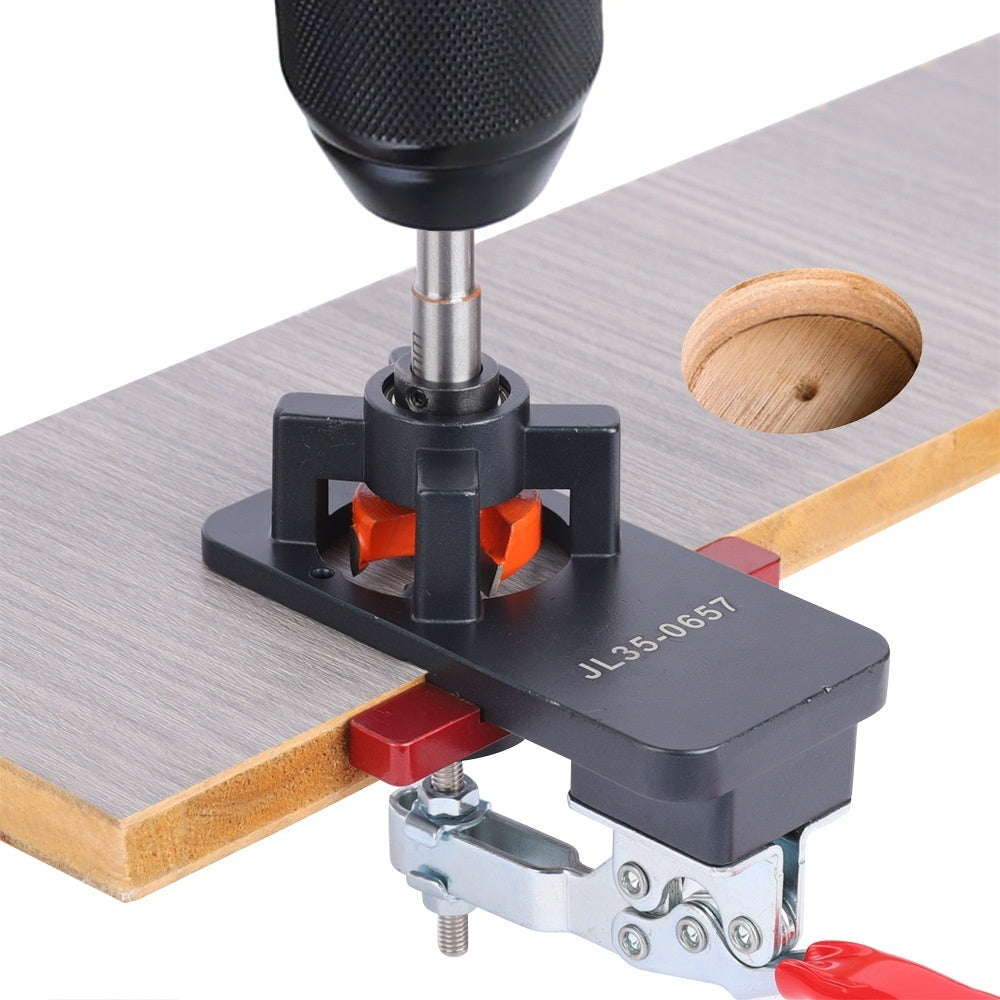 Khorasan 35mm Hinge Punch Locator Cabinet Door Panel Tool - In Use on Wood with Drill