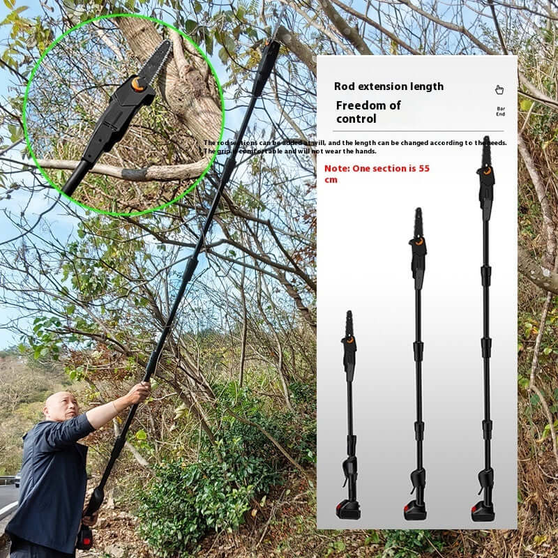 Khorasan Cordless Electric Pole Saw with Extendable Rod - In Use Cutting Tree Branch Outdoors