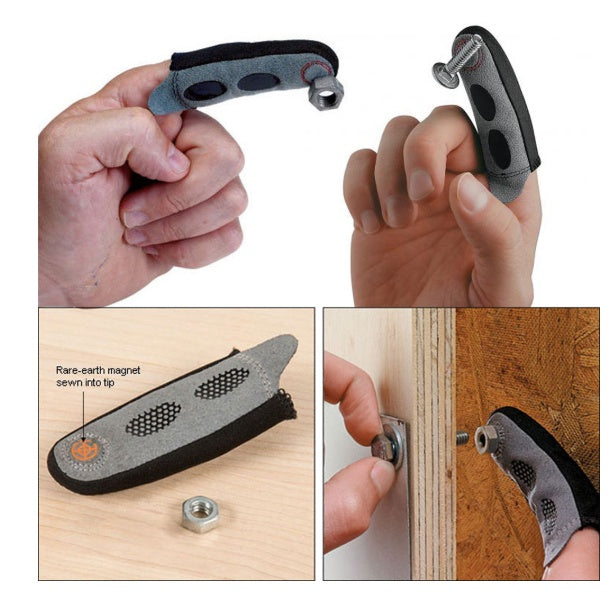 Magnetic Fingertip Sleeve - In Use Picking Up Screws on Wood Surface