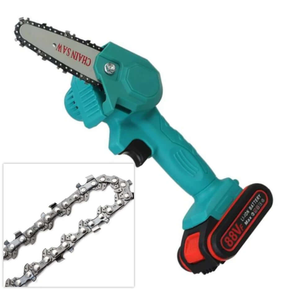 Mini Cordless Chainsaw - Red Version Chain Detail Close Up